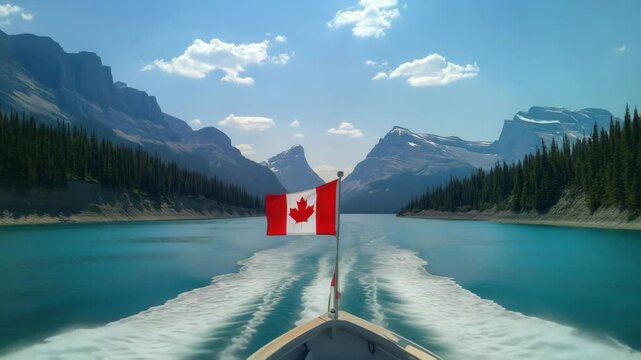 Motorboat showing canadian flag navigating on maligne lake, jasper national park
