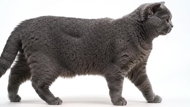 British Shorthair Cat in Profile on a White Background. High-Resolution Videography of a Solid Gray Cat. Dense and Plush Coat of a British Shorthair. Muscular Cat with Large, Round Copper Eyes.