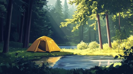 Camping tent set in forest near a river