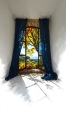 Room with window, autumn scene