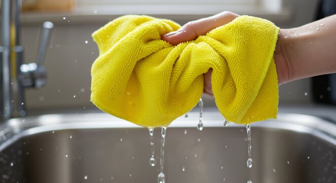 Yellow Cleaning Cloth Being Squeezed Over Kitchen Sink with Water Dripping