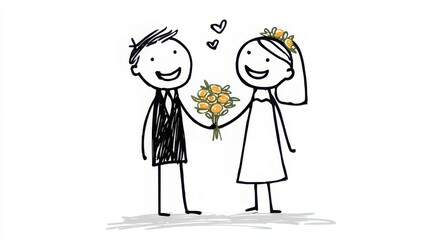 Stick figure wedding couple holding a bouquet with hearts above their heads