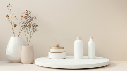 Minimalist still life arrangement featuring cosmetic bottles and decorative vases on a neutral surface