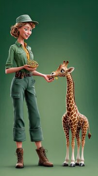 Animated zookeeper interacting with baby giraffe in vibrant digital illustration