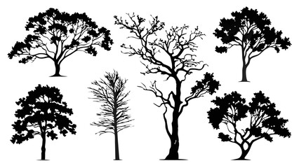 Vector art of silhouettes of six diverse trees, isolated on transparent background