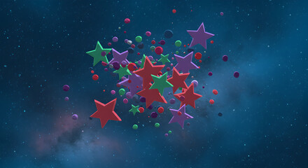 Colorful Stars and Spheres Floating in a Blue and Purple Space Background