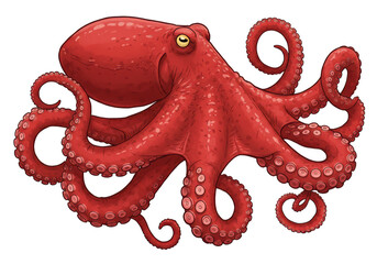 Isolated Red Octopus with Curled Tentacles