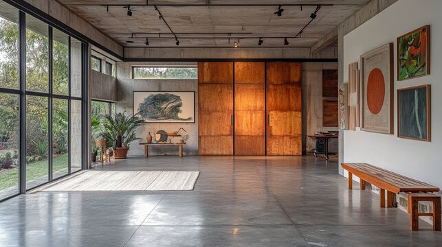 Contemporary art studio with large wooden sliding doors and adaptable space for artists to work and display. 