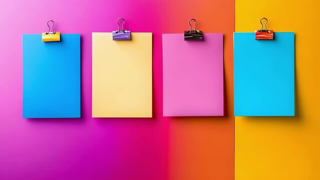 Four blank notepads in different colors, clipped with binder clips, displayed against a gradient background.