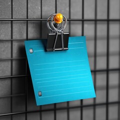 A teal memo note attached to a wire mesh