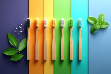 Colorful bamboo toothbrushes on a rainbow background