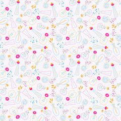Doodle seamless pattern with flowers and vases on a white background. Bright colors. Small elements. Modern organic shape of the vase.