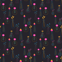 Doodle seamless pattern with flowers and vases on a white background. Bright colors. Small elements. Modern organic shape of the vase.