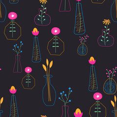 Doodle seamless pattern with flowers and vases on a white background. Bright colors. Small elements. Modern organic shape of the vase.