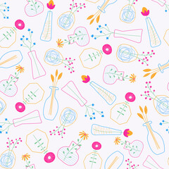 Doodle seamless pattern with flowers and vases on a white background. Bright colors. Small elements. Modern organic shape of the vase.