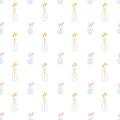 Doodle seamless pattern with flowers and vases on a white background. Bright colors. Small elements. Modern organic shape of the vase.