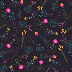 Doodle seamless pattern with flowers and vases on a white background. Bright colors. Small elements. Modern organic shape of the vase.