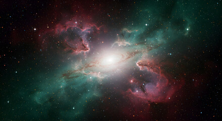 Obraz premium Spectacular cosmic view of a galaxy with bright core and colorful nebulae