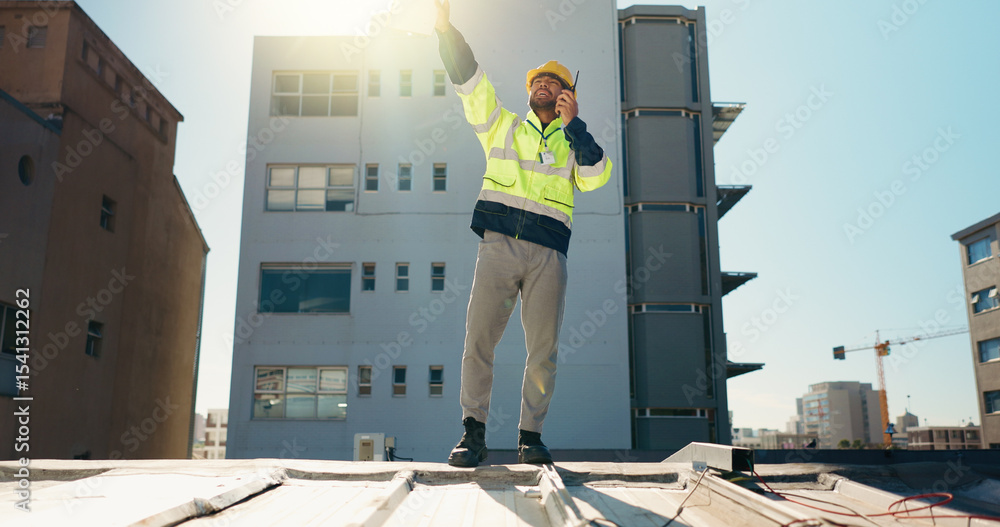Leinwandbilder engineer, radio and planning with man on rooftop for property developer, architecture and feedback. 