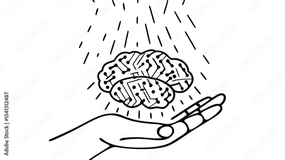 Poster hand holding a brain with circuit patterns under a rain of lines in a black and white illustration