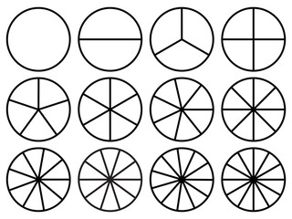 Circle division 1, 2, 3, 4, 5, 6, 7, 8, 9, 10, 11, 12 equal parts blank. Circle divided diagrams, sections, segments. Circle pie chart infographic wheel segment fraction. Infographic icons set vector.