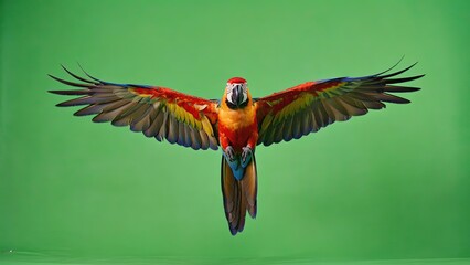 Colorful parrot flying with outstretched wings against a green background in a natural setting