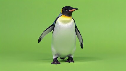Emperor penguin standing proudly on a vibrant green background in a studio setting