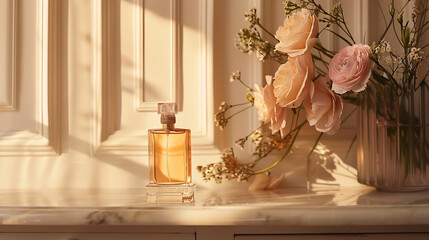 Perfume bottle stands elegantly beside a vase of peach roses on a marble surface bathed in warm golden light
