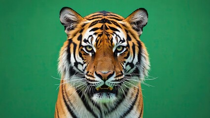 Majestic tiger with striking orange and black fur against a vivid green backdrop captures attention in this close-up view