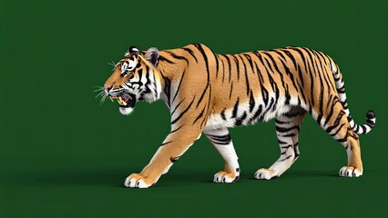 Majestic tiger walking on a vibrant green background, showcasing its powerful form and striking stripes