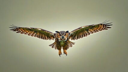 Majestic owl in mid-flight showcasing its magnificent wings over a natural backdrop at dusk