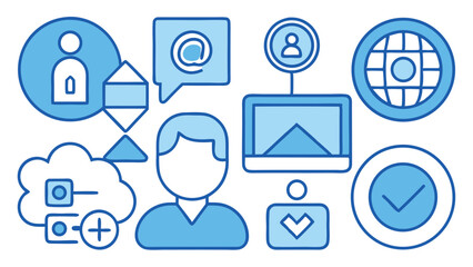 Light blue icons representing user profile, cloud storage, email, and global network concept