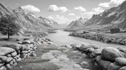 Serene Monochrome Mountain Valley River Landscape
