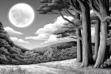 Serene Monochrome Night Landscape with Full Moon and Silhouetted Trees