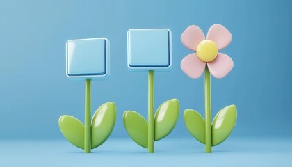 Three stylized flowers with square and round petals in pastel colors on stems with green leaves against a blue background.