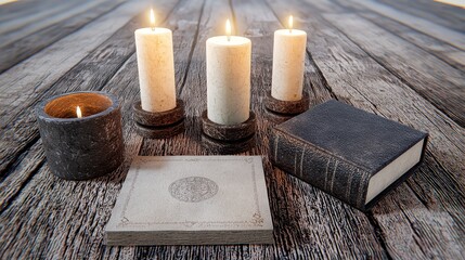 Serene Still Life Lit Candles and Antique Book on Rustic Wood