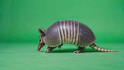Armadillo walking across a vibrant green backdrop in a studio setting