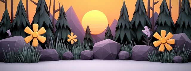 Serene Sunset Landscape Low Poly 3D Render of Mountains, Evergreens, and Yellow Flowers