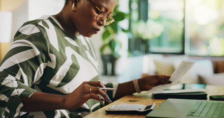 Calculator, home and black woman with documents, financial profit and budget with invoice. African...