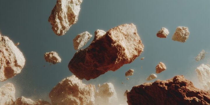 Meteor fragments floating in dark space with detailed rocky textures, cosmic mystery and power for astronomy and space-themed digital content - Powered by Adobe