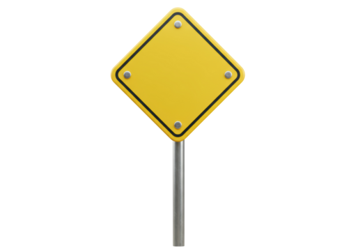Isolated Yellow Diamond Warning Sign on Metal Post