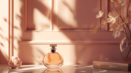 A perfume bottle sits on a marble table with a flower and book in a softly lit room with decorative wall panels