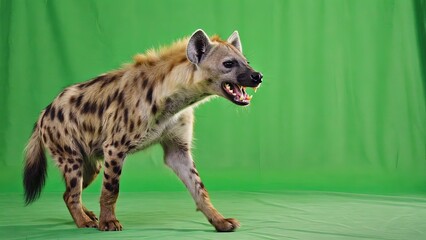 Hyena walks confidently on green backdrop showcasing its distinctive features in a studio setting