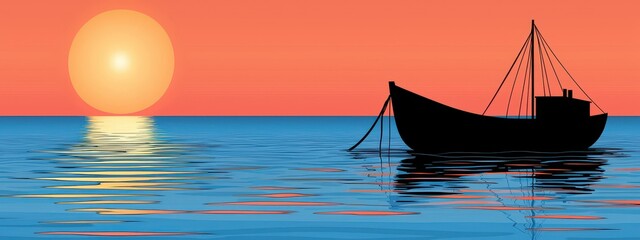 Silhouette of Small Sailboat at Sunset Over Calm Ocean