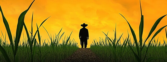 Silhouette of Person Walking Through Grass at Sunset