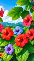 Hibiscus Flowers with Mountain View.