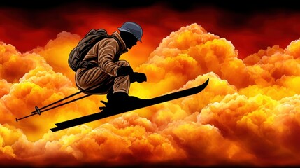 Silhouette Skier Soaring Through Fiery Cloudscape
