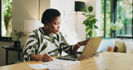 Naklejka na ściany i meble Bookkeeping, writing or black woman with laptop in home for account review, audit or tax returns. Remote work, accountant and reading financial report in house for asset management or budget expenses