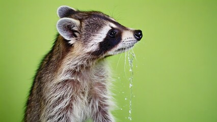 Close-up view of a raccoon with water dripping from its mouth against a vibrant green background