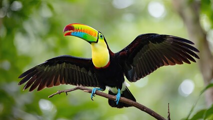 Colorful toucan perched on a branch in a lush rainforest exploring its vibrant surroundings